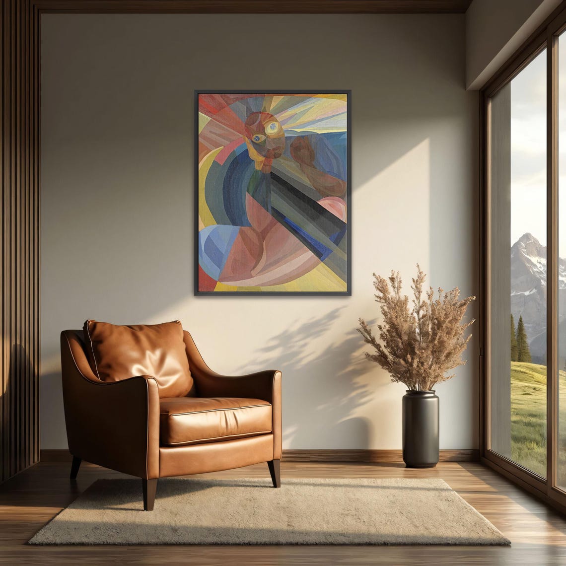 Framed Print Of Abstract Portrait With Geometric Shapes Geometric Print Blue And Yellow Living Room Art