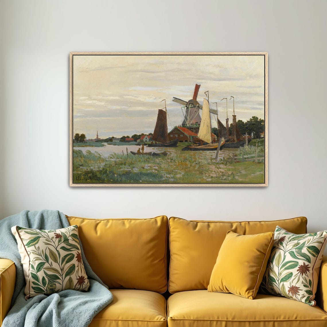 Claude Monet Large Framed Print Dutch Windmill And Boats By Canal Landscape Wall Art Blue And White Entryway Decor - Image 4