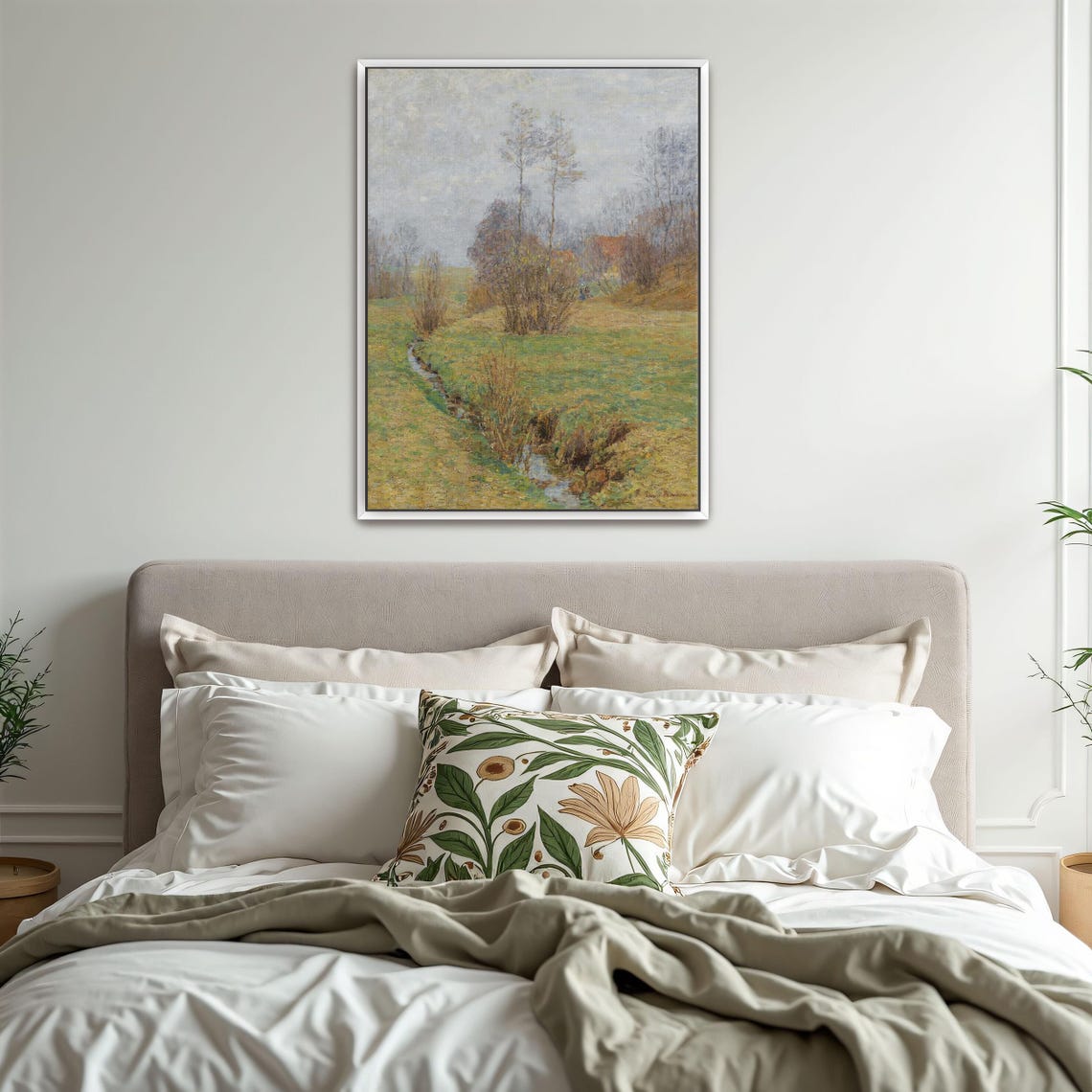 Framed Print Of A Stream Flows Through A Grassy Field Landscape Wall Art Green And Gray Living Room Art Print - Image 3