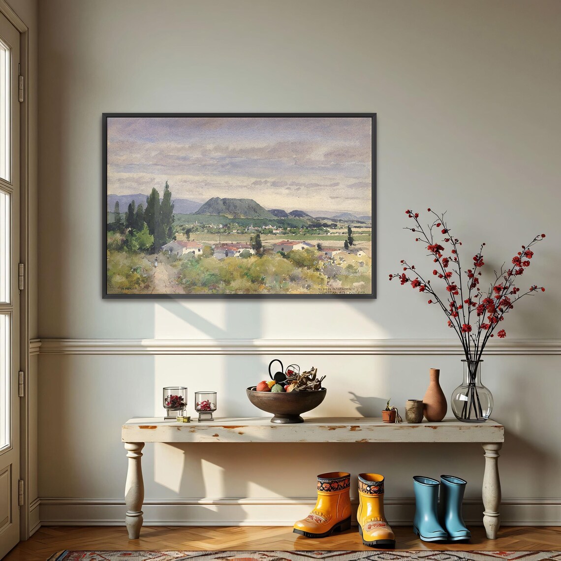 Watercolor Hilltop Village Mountain Landscape Countryside Poster
