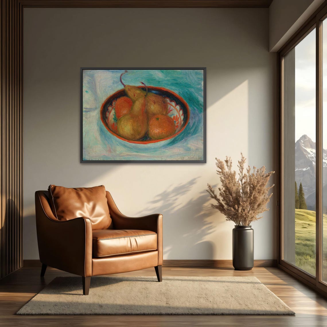 Bowl Of Pears And Oranges Still Life On Turquoise Background Poster - Image 3