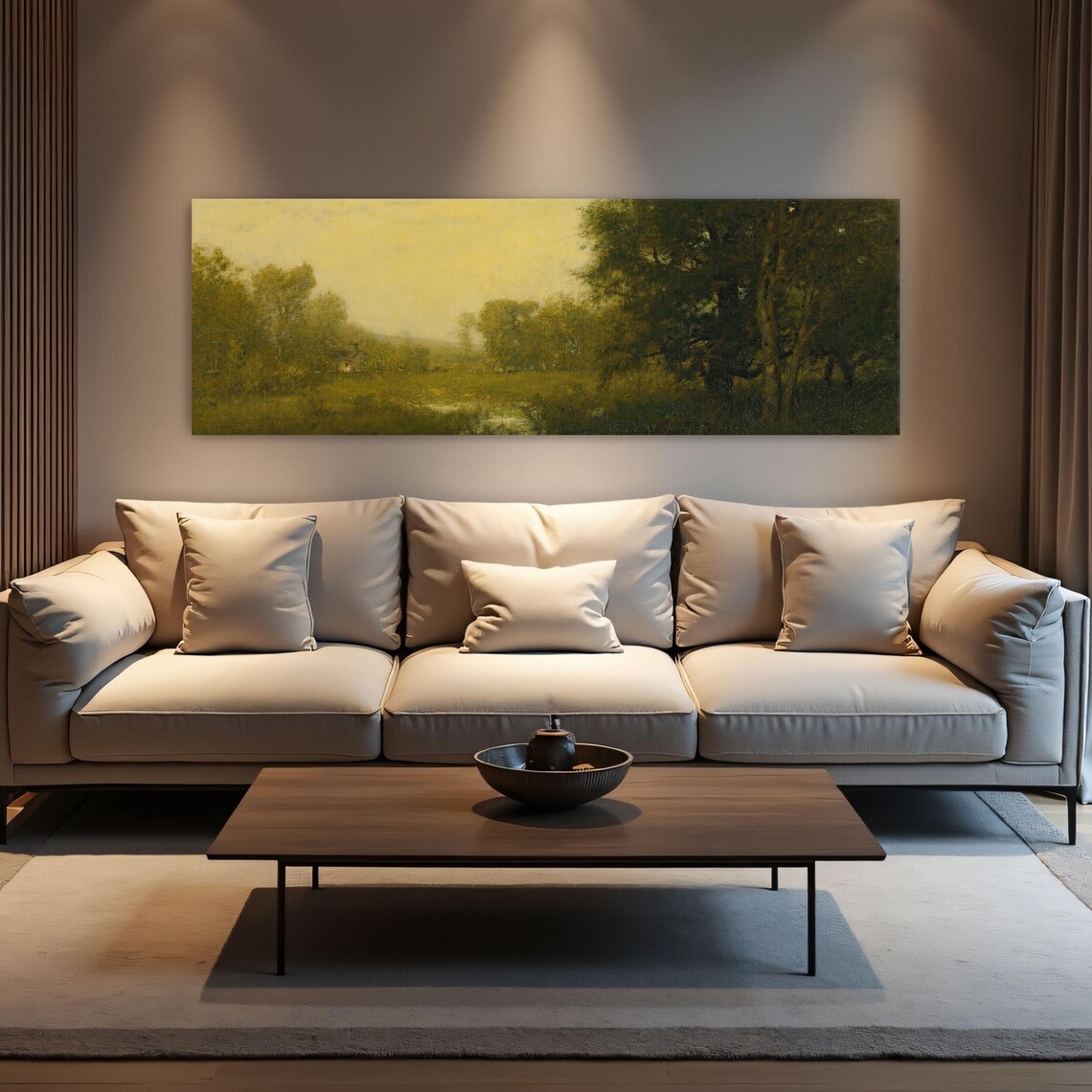 Impressionist Landscape With Trees And Fog Panoramic Wall Art Horizontal Framed Art Above Bed Wall Art Bedroom And Living Room Art - Image 2