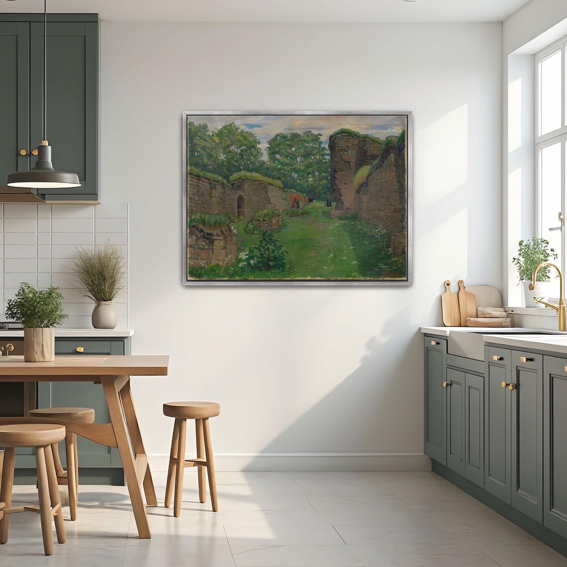 Framed Wall Art Of Ruined Stone Walls In A Green Landscape Landscape Fine Art Print Green And Brown Entryway Art Rustic Oil Painting - Image 2