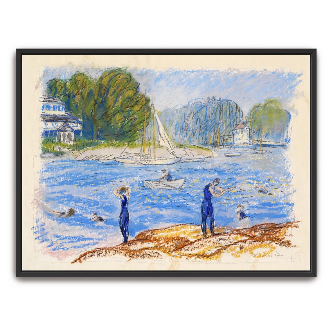 Bathers On A Beach With Sailboats Vintage Pastel Painting Poster