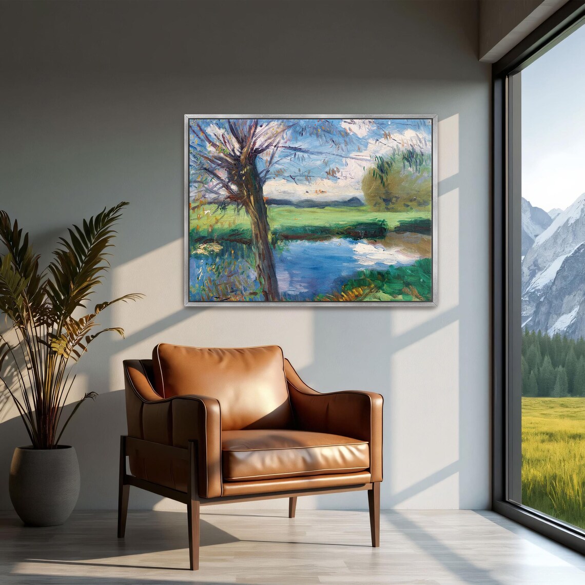 Framed Wall Art Of River Landscape With Trees And Sky Landscape Print Blue And Green Bedroom Artwork Rustic Oil Painting - Image 2
