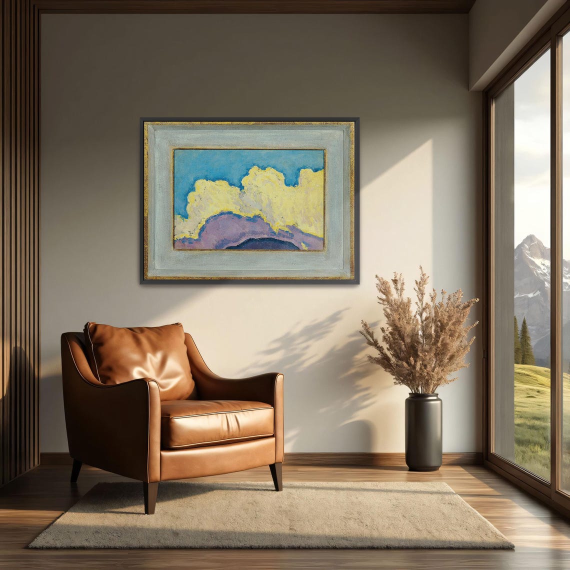 Framed Print Of Abstract Cloud Landscape Painting Cloud Wall Art Yellow And Blue Bedroom Decor Art Nouveau Oil Painting - Image 4