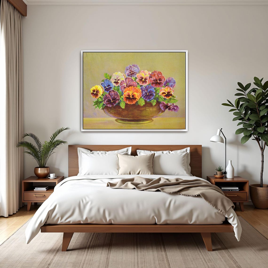 Colorful Pansies Overflowing Brown Bowl Floral Still Life Art Poster