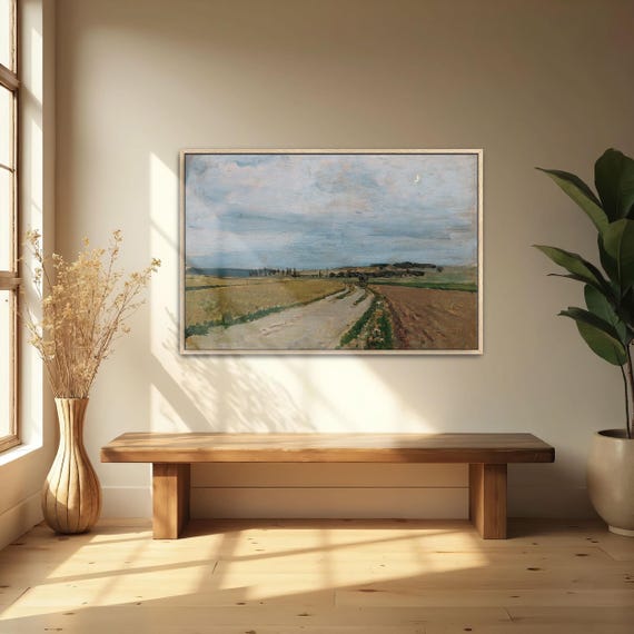Framed Wall Art Of Country Road Fields And Sky Landscape Print Gray And Blue Entryway Artwork Rustic Oil Painting