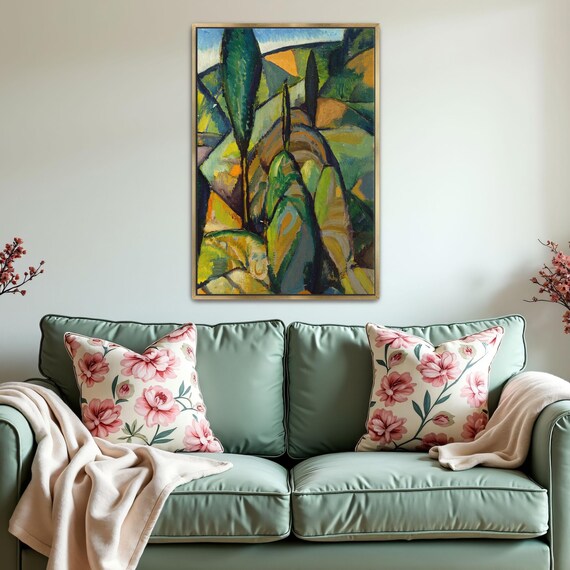 Framed Print Of Abstract Landscape With Trees Landscape Print Green And Blue Entryway Artwork Art Deco Oil Painting