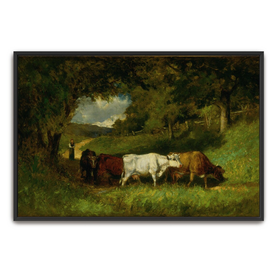 Vintage Pastoral Painting Of Cows With A Woman In A Field Poster