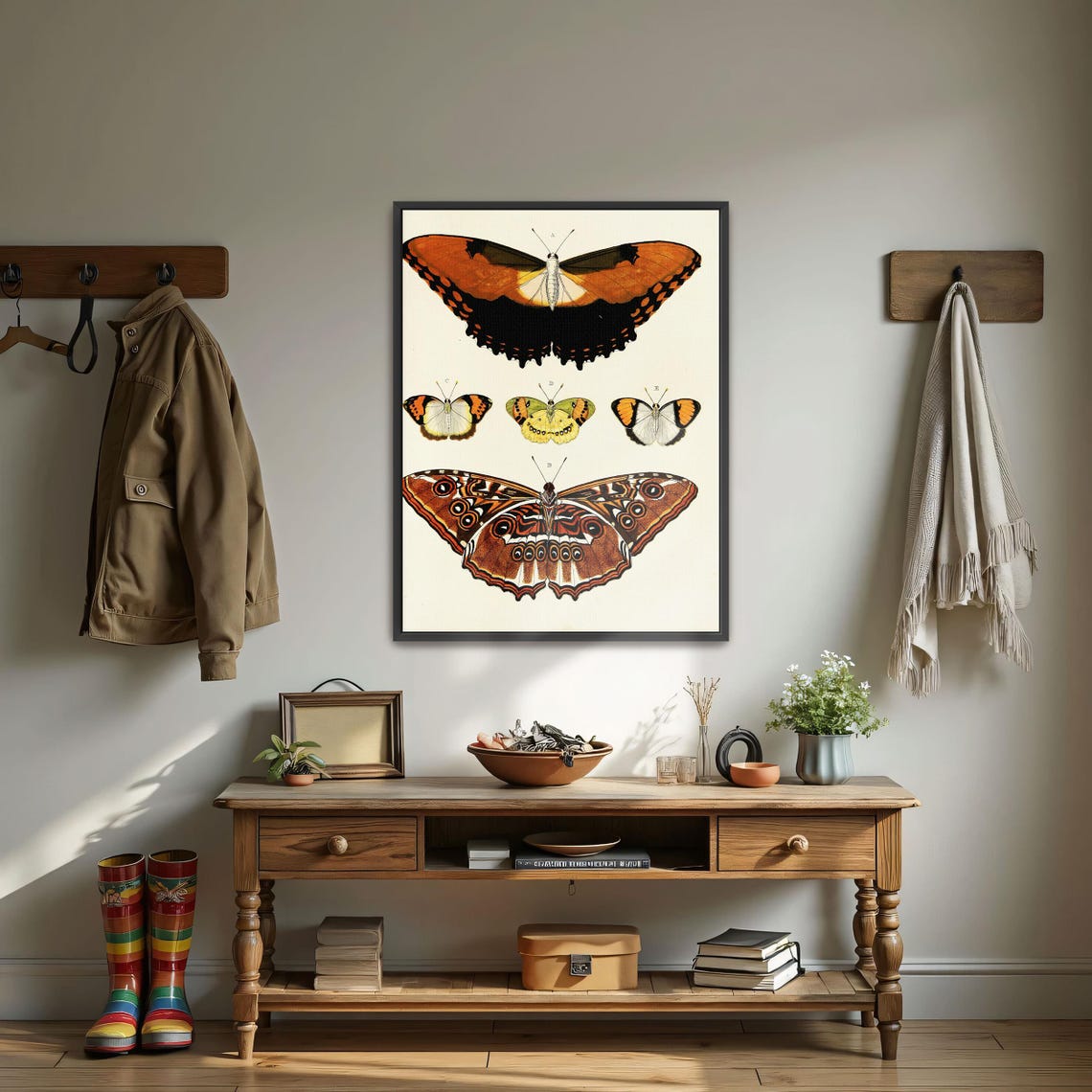 Framed Wall Art Of Five Butterflies On White Background Animal Wall Art Brown And White Entryway Artwork Victorian Illustration - Image 4