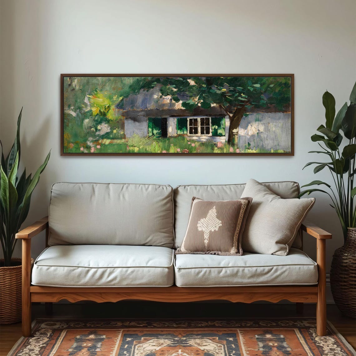 Impressionist Cottage With Green Shutters in Bloom Garden Poster