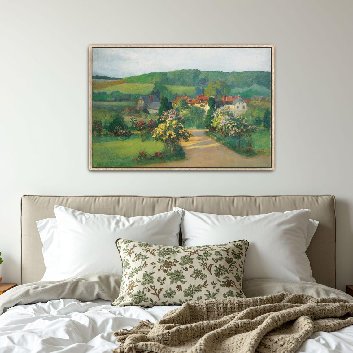 Framed Print Of Village Landscape With Flowers Landscape Wall Art Green And Yellow Bedroom Art Print Rustic Oil Painting - Image 4