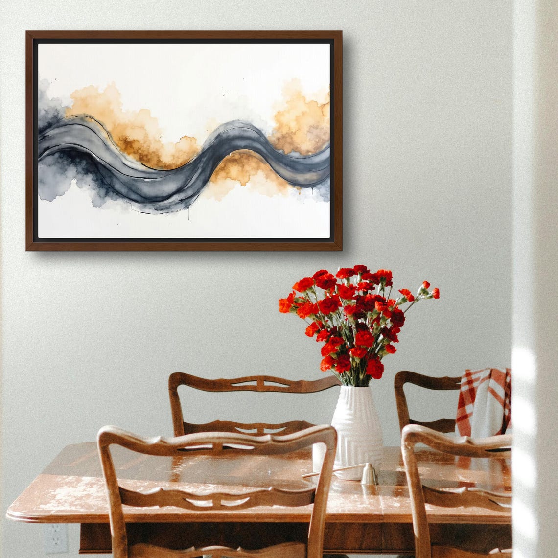 Charcoal Ribbon Wave With Warm Amber Watercolor Wash Abstract Poster - Image 3