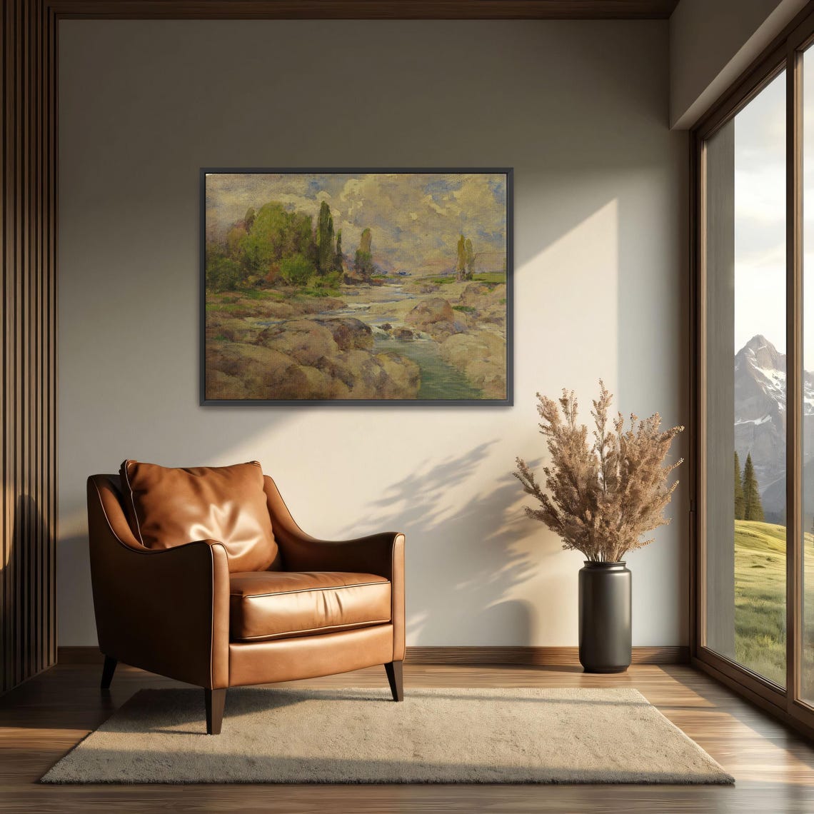 Rocky Riverbed with Green Trees under Cloudy Skies Landscape Poster - Image 4