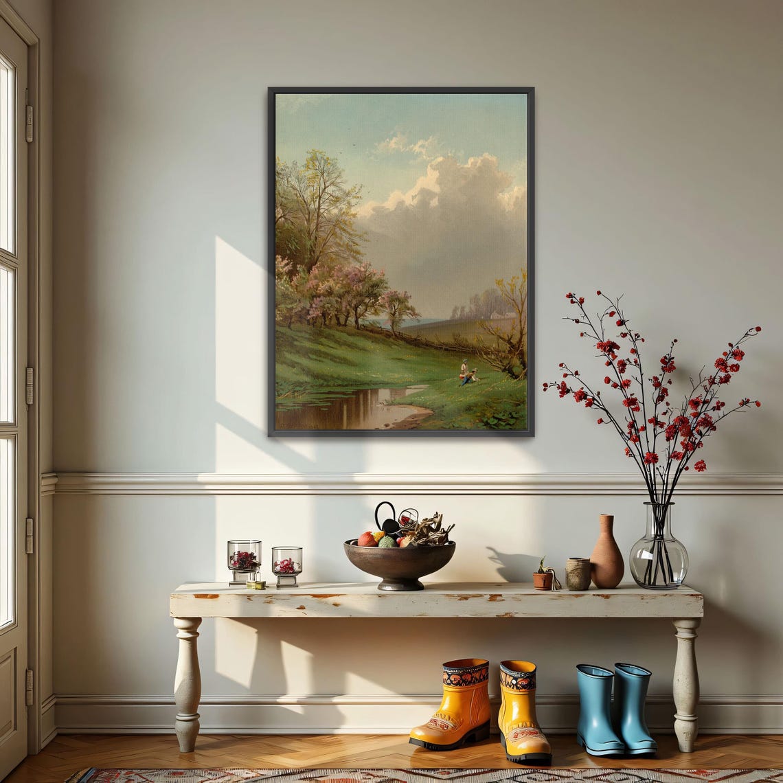 Two Children by a Stream in a Spring Landscape Painting Poster - Image 4