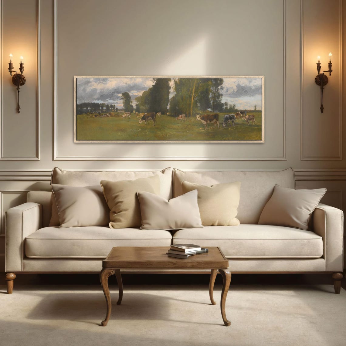 Cows Grazing in a Sunlit Green Pasture Under Tall Trees Poster - Image 5