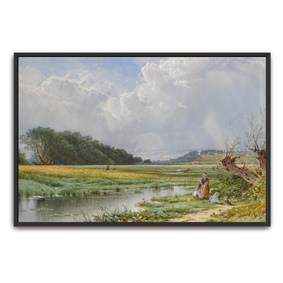 Framed Wall Art Of Meadow With River And Figures Landscape Wall Art Green And Blue Entryway Decor White And Yellow Boho Print