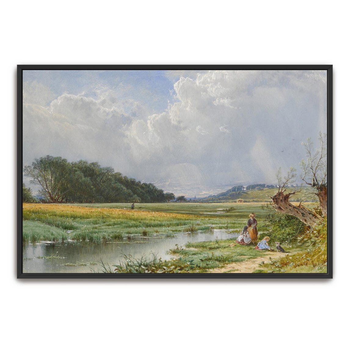 Figures by a River in a Golden Meadow Vintage Landscape Art Print