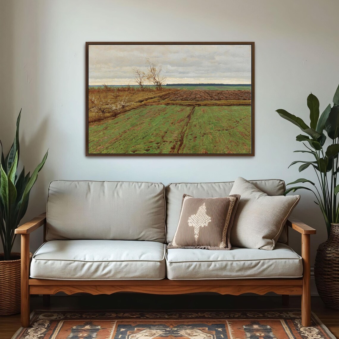 Large Framed Print Of Field With Trees And Cloudy Sky Landscape Fine Art Print Green And Brown Entryway Decor - Image 5