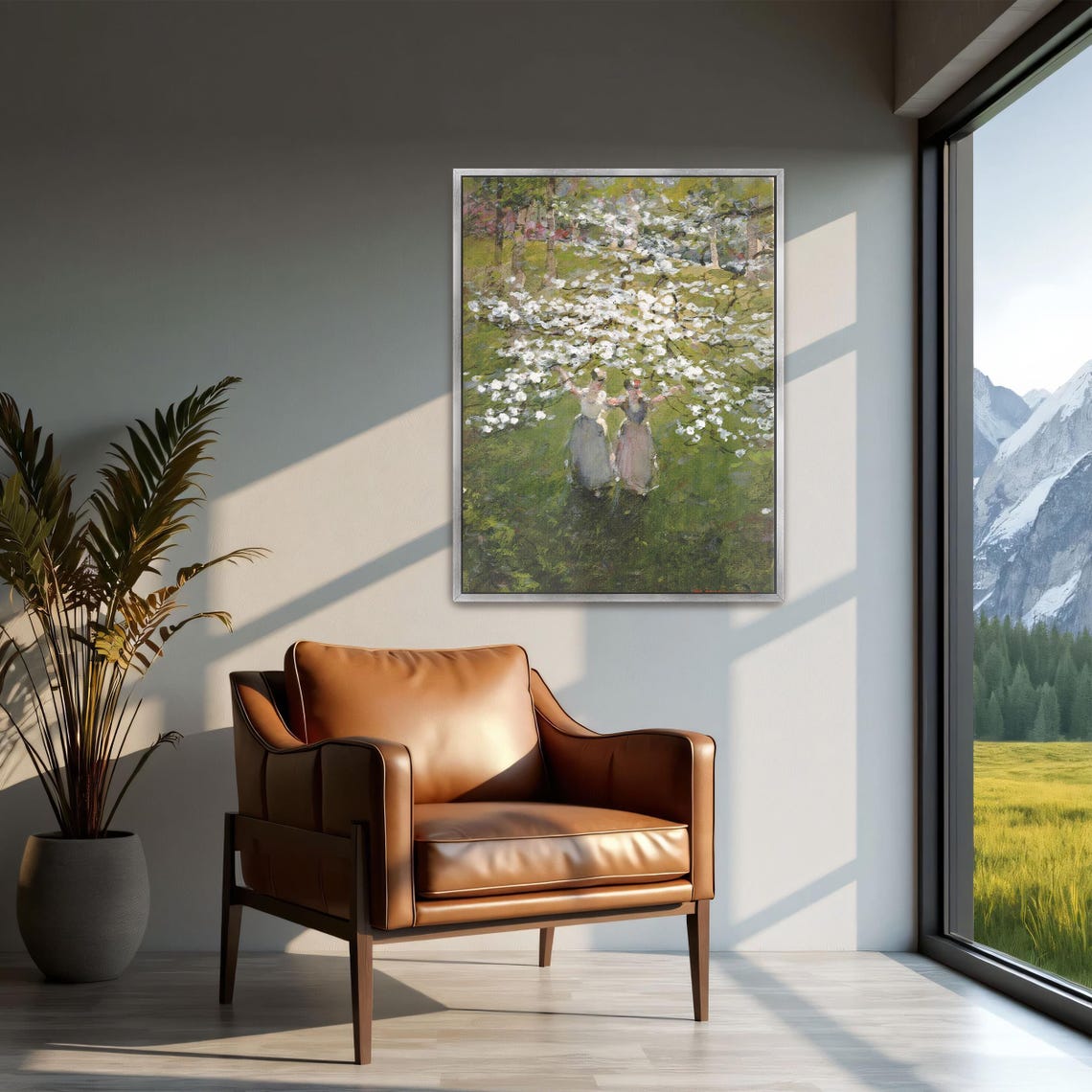 Two Women in a Blooming White Orchard Impressionist Art Poster