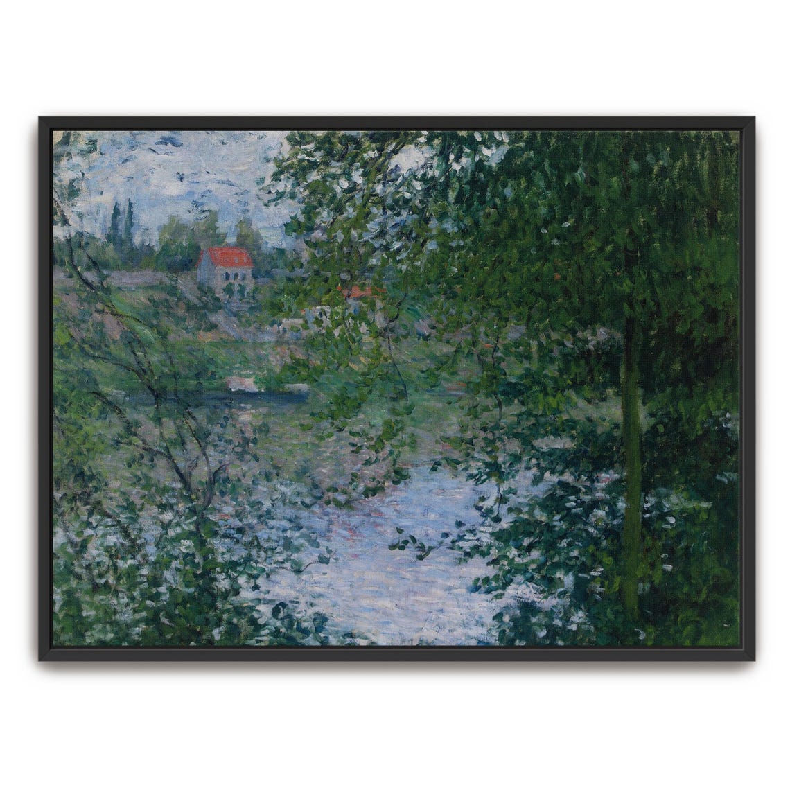 Claude Monet River Through Trees With Red Roofed House Poster