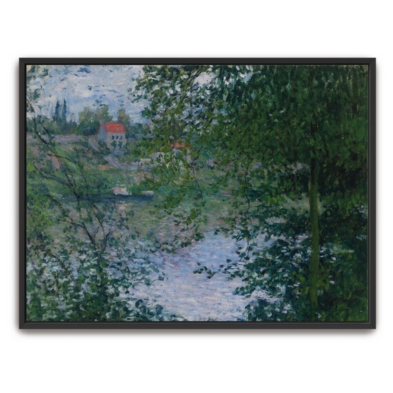 Claude Monet Framed Wall Art River Scene With Trees And House Landscape Print Green And Blue Bedroom Art Print Boho Decor