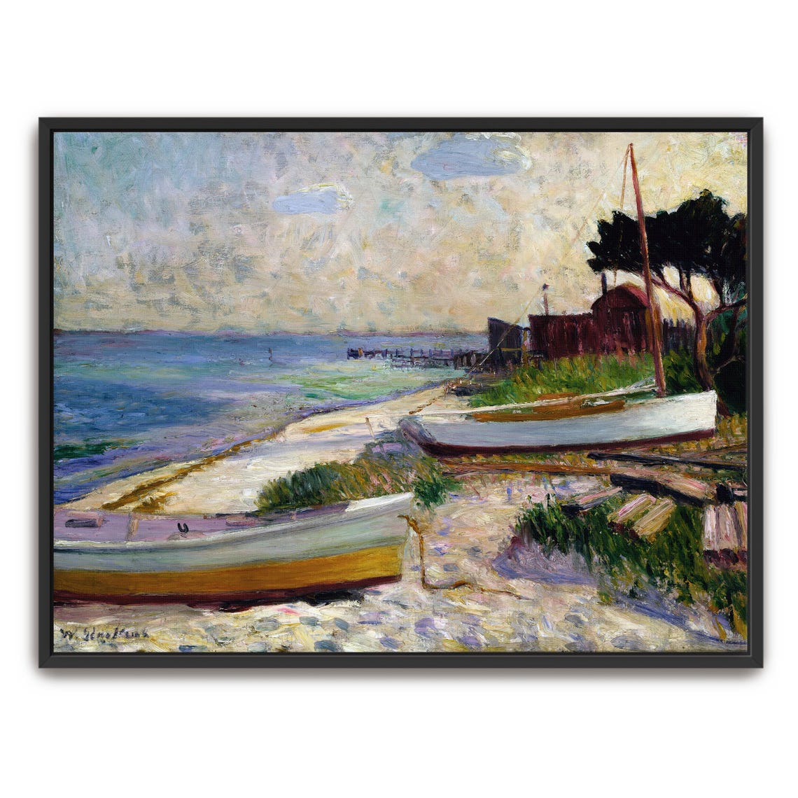 Two Boats Resting On A Sandy Beach Impressionist Coastal Poster