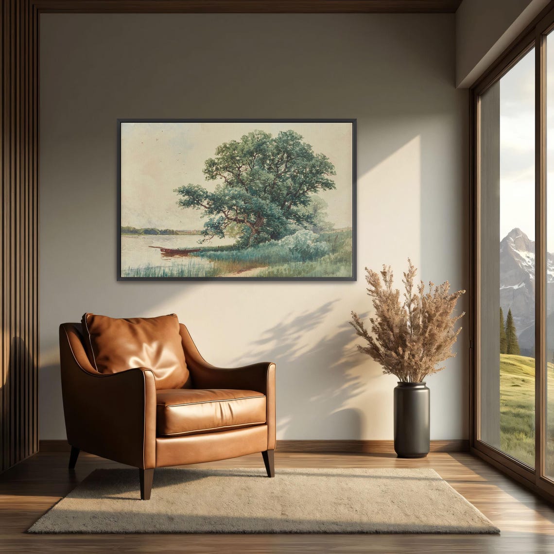 Lone Leaning Tree on the River Bank with a Boat Landscape Poster - Image 4