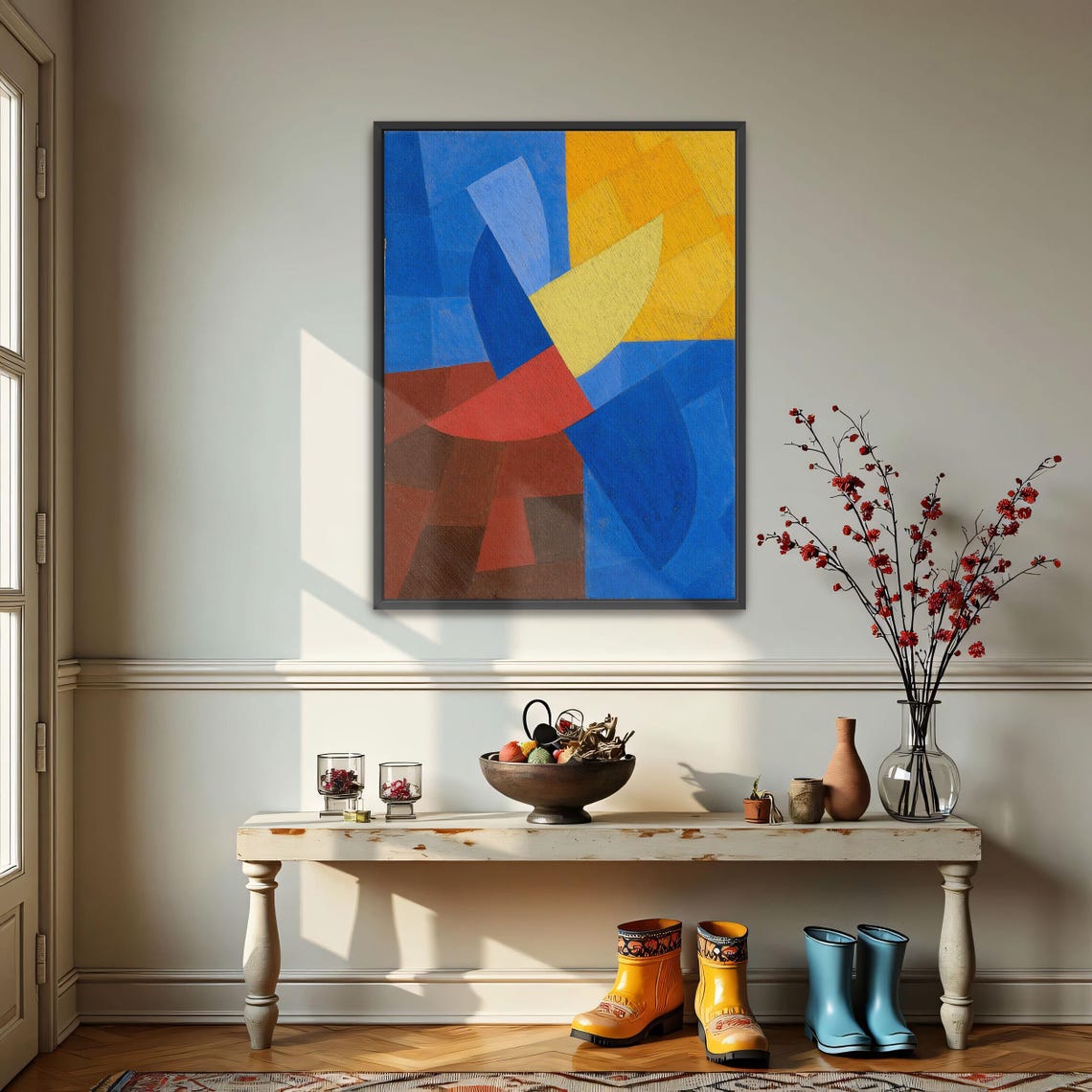 Framed Print Of Abstract Geometric Painting Geometric Print Blue And Yellow Entryway Artwork Minimalist Oil Painting - Image 3
