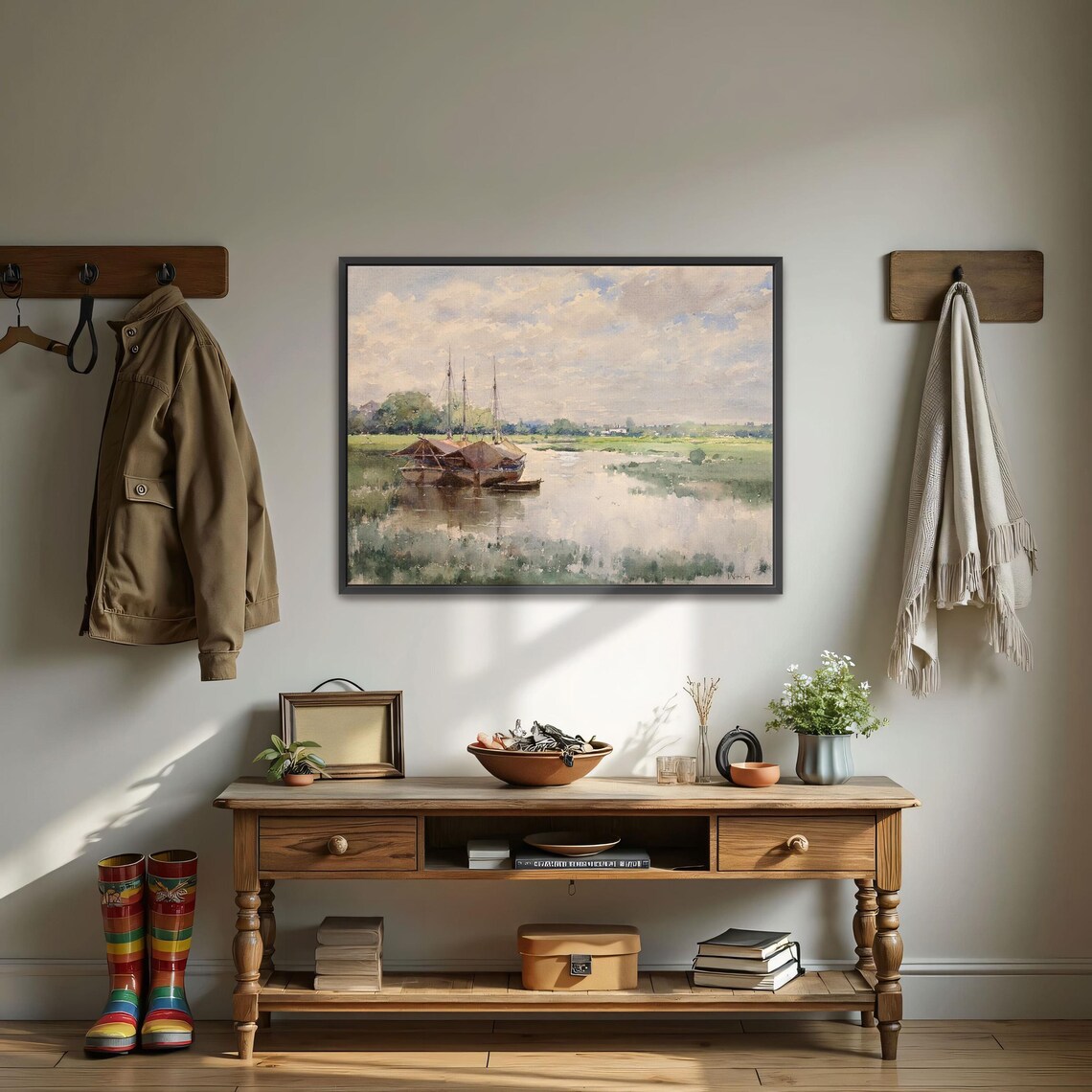 Large Framed Print Of River Scene With Boats And Trees Landscape Wall Art Green And Blue Bedroom Artwork Minimalist Art - Image 3