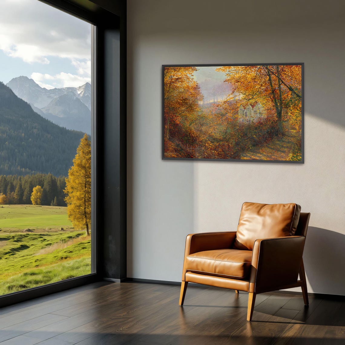 Golden Autumn Forest with Cottage Sunlit Woodland Landscape Poster - Image 3