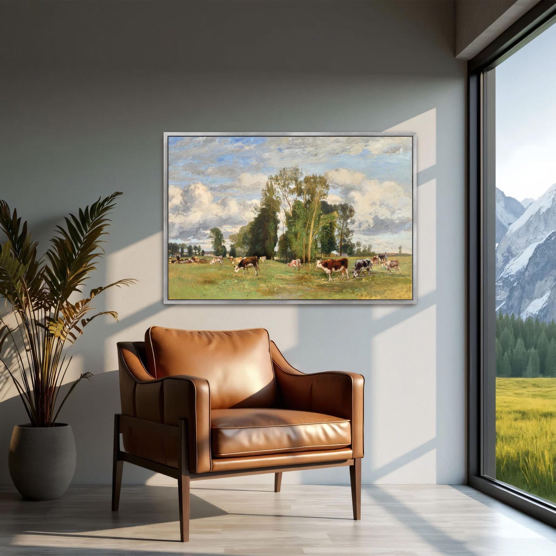 Cows Grazing Under Big Clouds Green Pasture Landscape Poster - Image 3