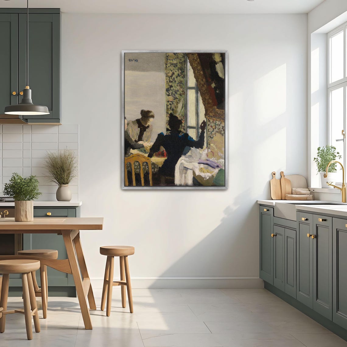 Two Women Sewing Together In A Sunlit Room Impressionist Poster