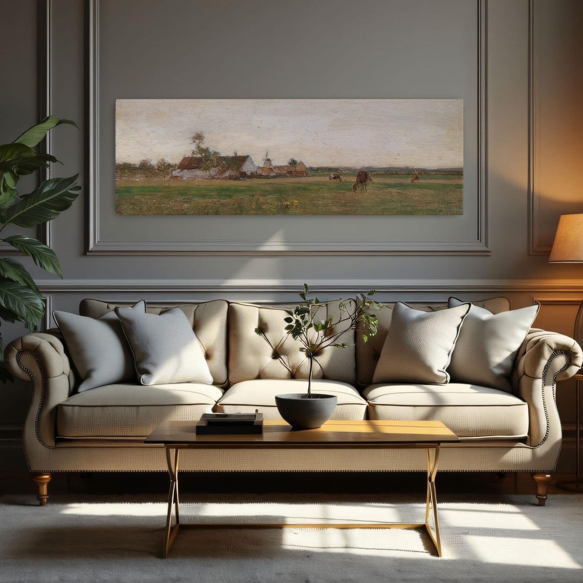 Farmhouse In A Field With A Cloudy Sky Panoramic Wall Art Horizontal Framed Art Above Bed Wall Art Bedroom And Living Room Art Wide - Image 3