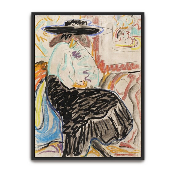 Fauvist Pastel Drawing Of A Seated Woman In A Black Hat Print