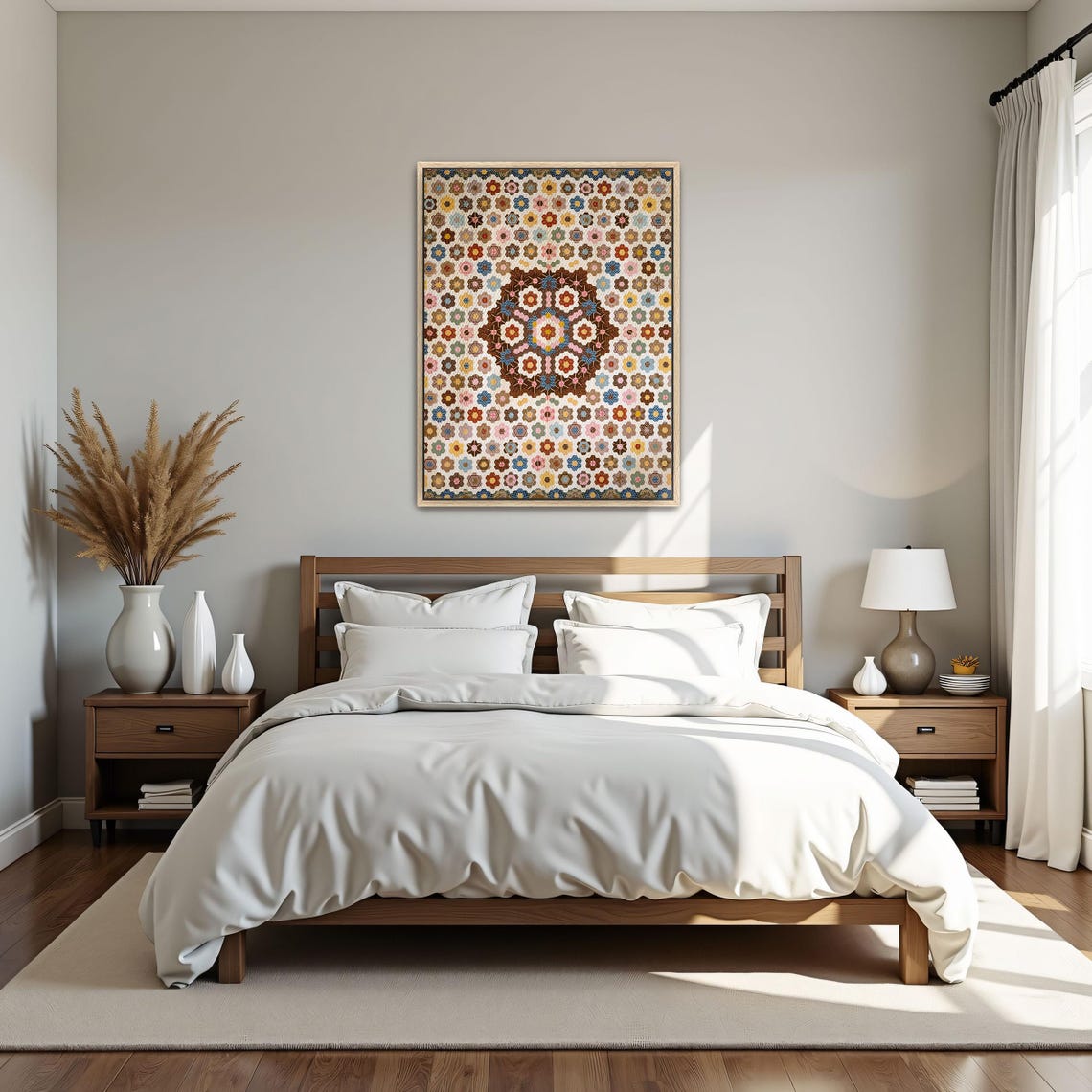 Large Framed Print Of A Quilt With A Geometric Pattern Geometric Fine Art Print White And Brown Bedroom Art Geometric Artwork - Image 4