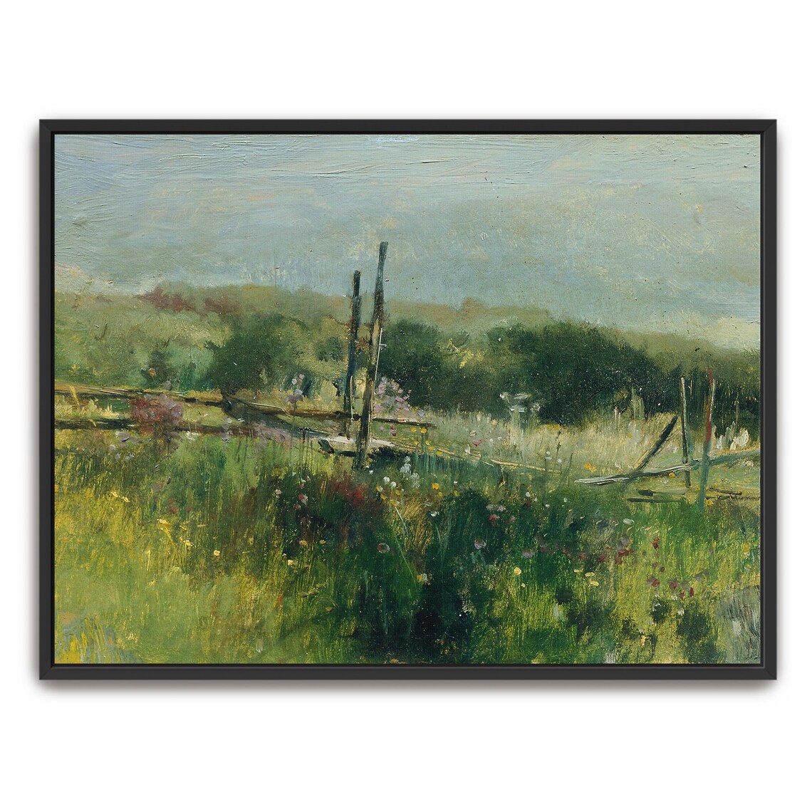 Large Framed Print Of Field With Fence And Trees Landscape Wall Art Green And Blue Bedroom Artwork Rustic Oil Painting