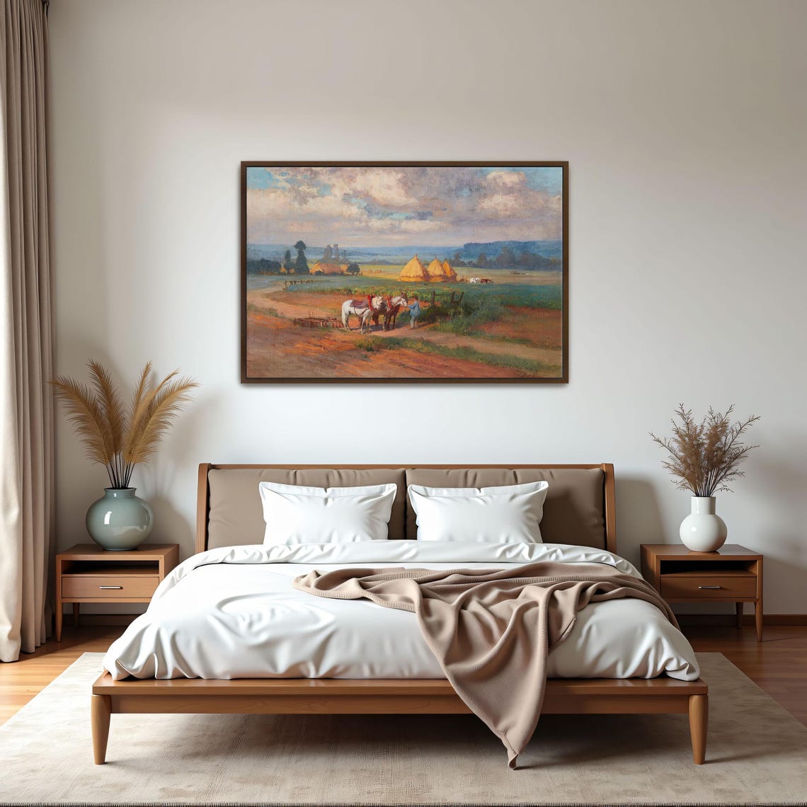 Harvest Scene With Horses and Haystacks Vintage Oil Art Print - Image 5