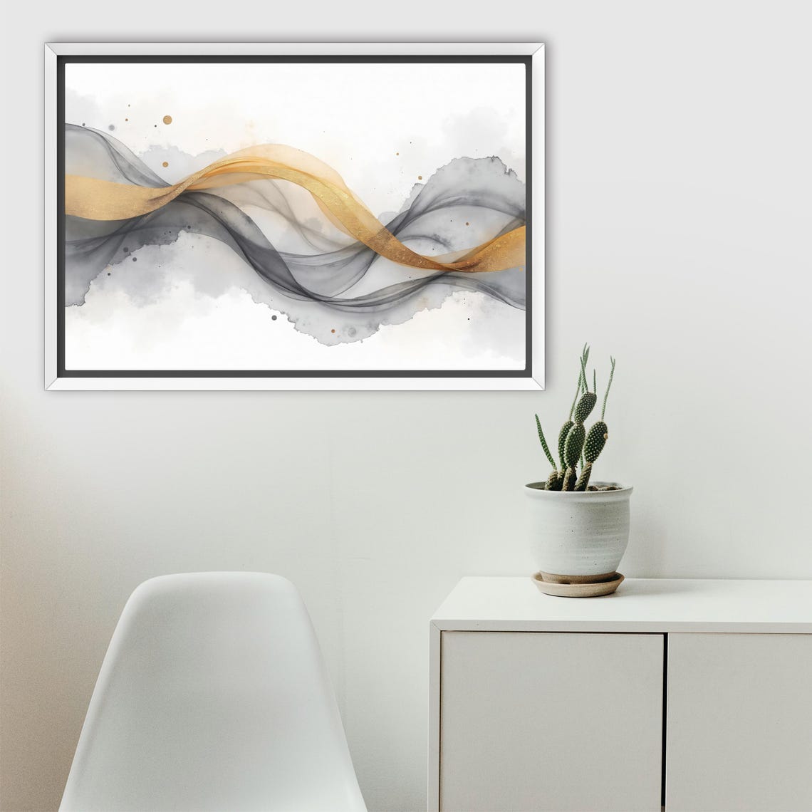Golden Ribbon Swirl Drifting In Smoky Grey Watercolor Abstract Poster - Image 2
