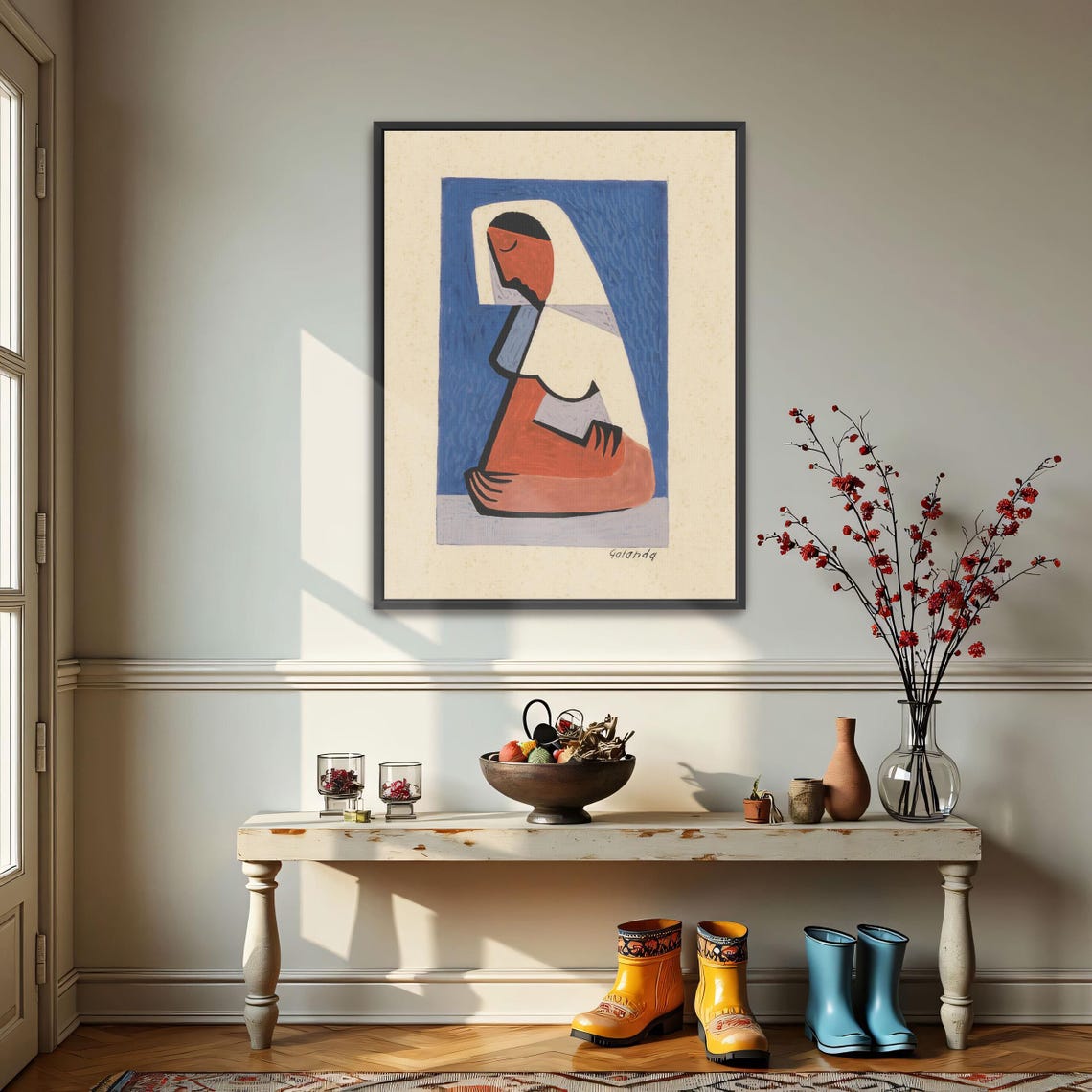 Large Framed Print Of A Woman Sitting At A Table Geometric Wall Art Blue And White Entryway Art Art Deco Illustration - Image 3