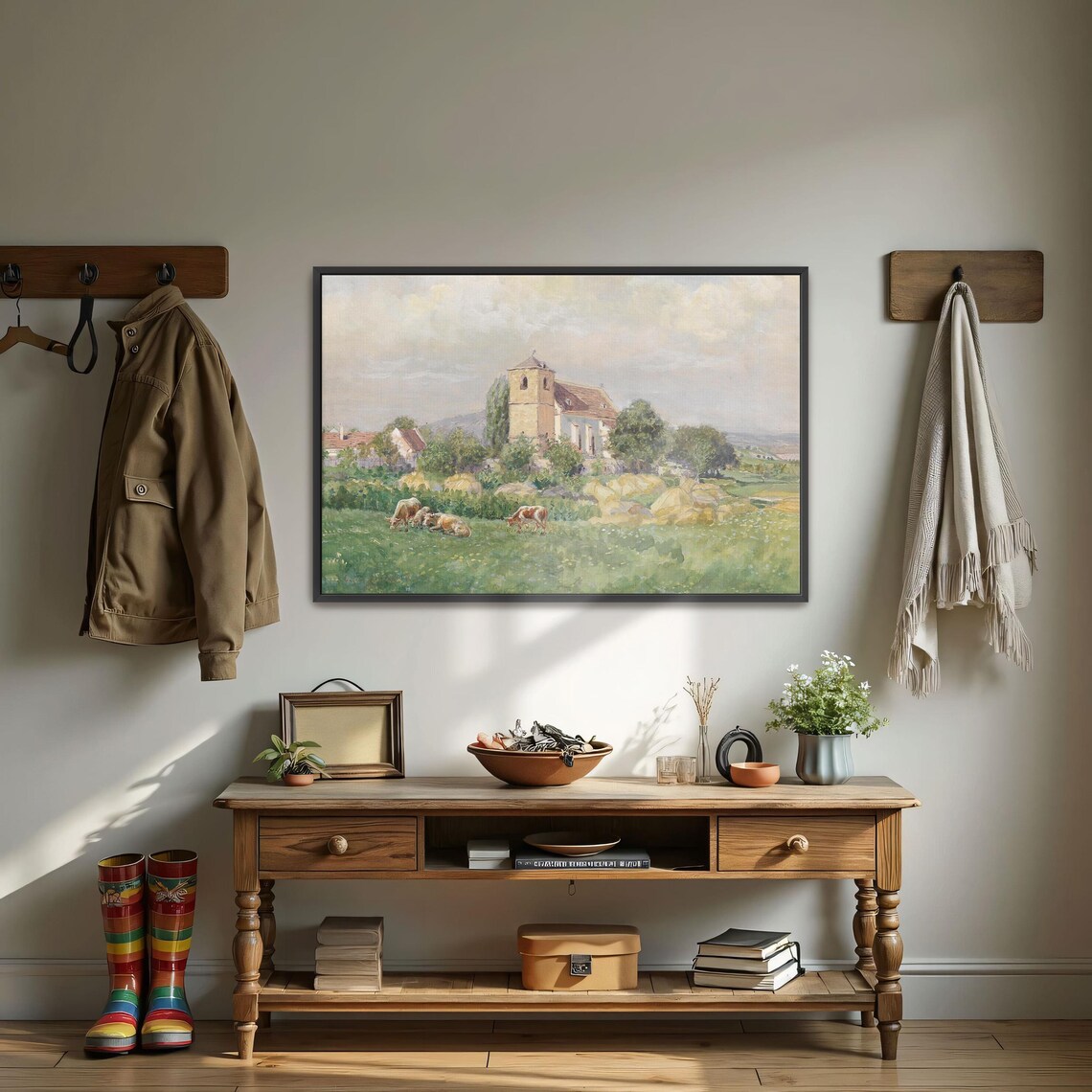 Village Church with Grazing Cows Pastoral Watercolor Scene Poster - Image 4