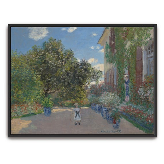 Claude Monet Framed Print A Girl Playing In A Garden With A House Landscape Print Green And Blue Entryway Art