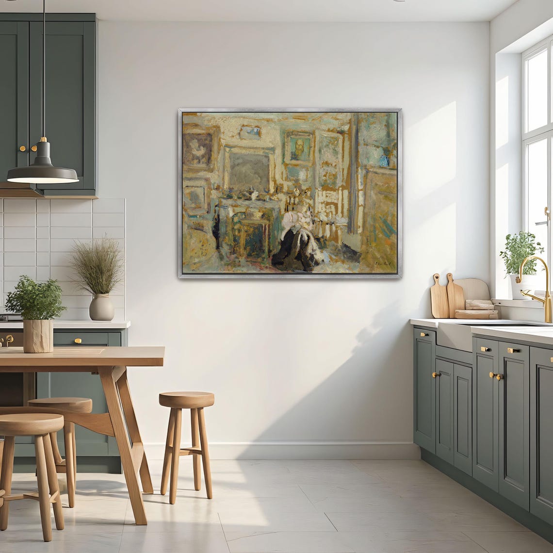 Woman Seated in a Sunlit Blue and Gold Interior Painting Art Poster - Image 3
