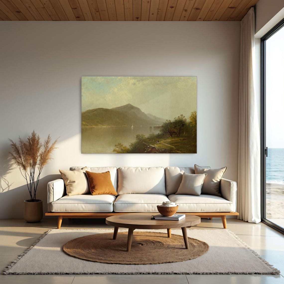 Framed Wall Art Of Sailboats On A Lake With Mountains In The Background Landscape Print Green And Brown Entryway Art - Image 2