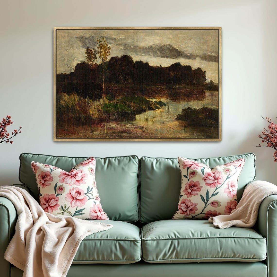 Misty Lake With Tall Trees and Reeds in Soft Golden Light Poster