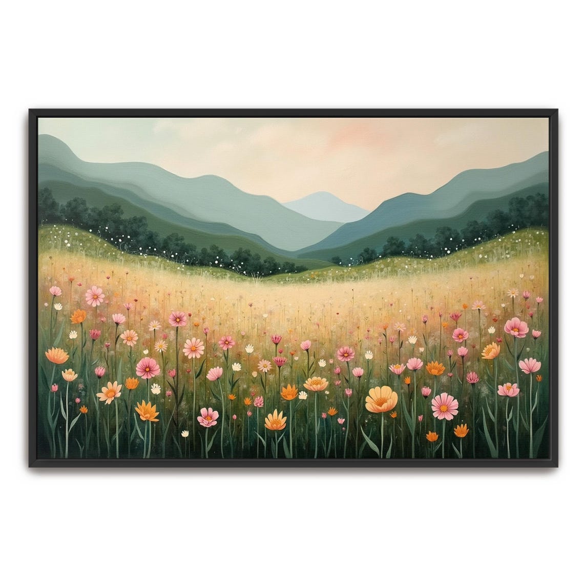 Sunlit Wildflower Meadow With Soft Green Rolling Mountains Poster