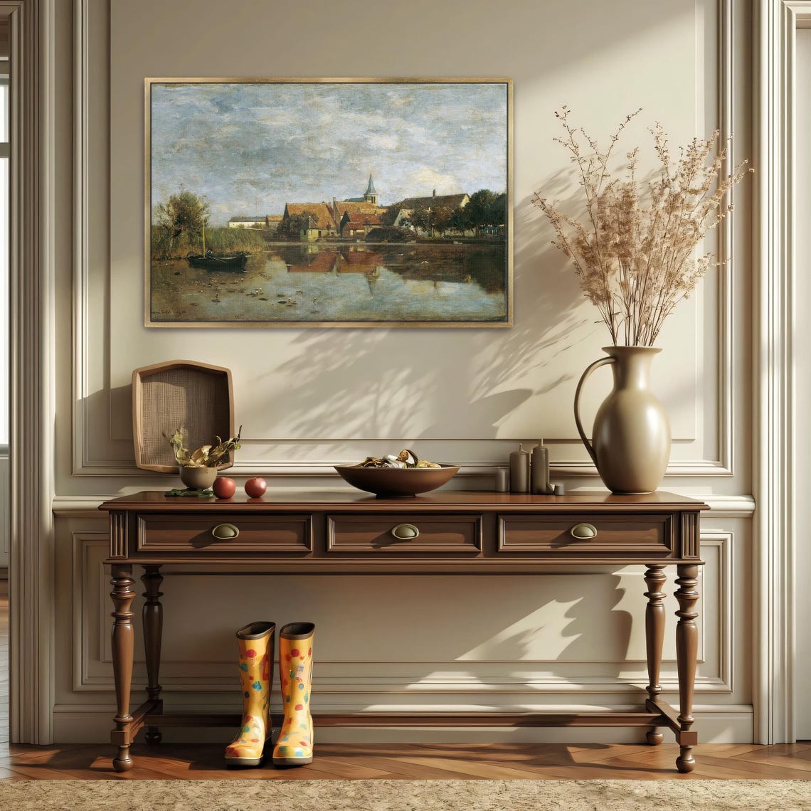 Framed Wall Art Of A Village By A Lake With A Boat Landscape Fine Art Print Green And Blue Living Room Artwork Rustic Oil Painting - Image 2