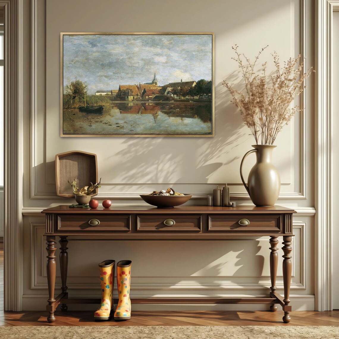 Peaceful Village by the Lake with a Boat and Church Landscape Poster - Image 2