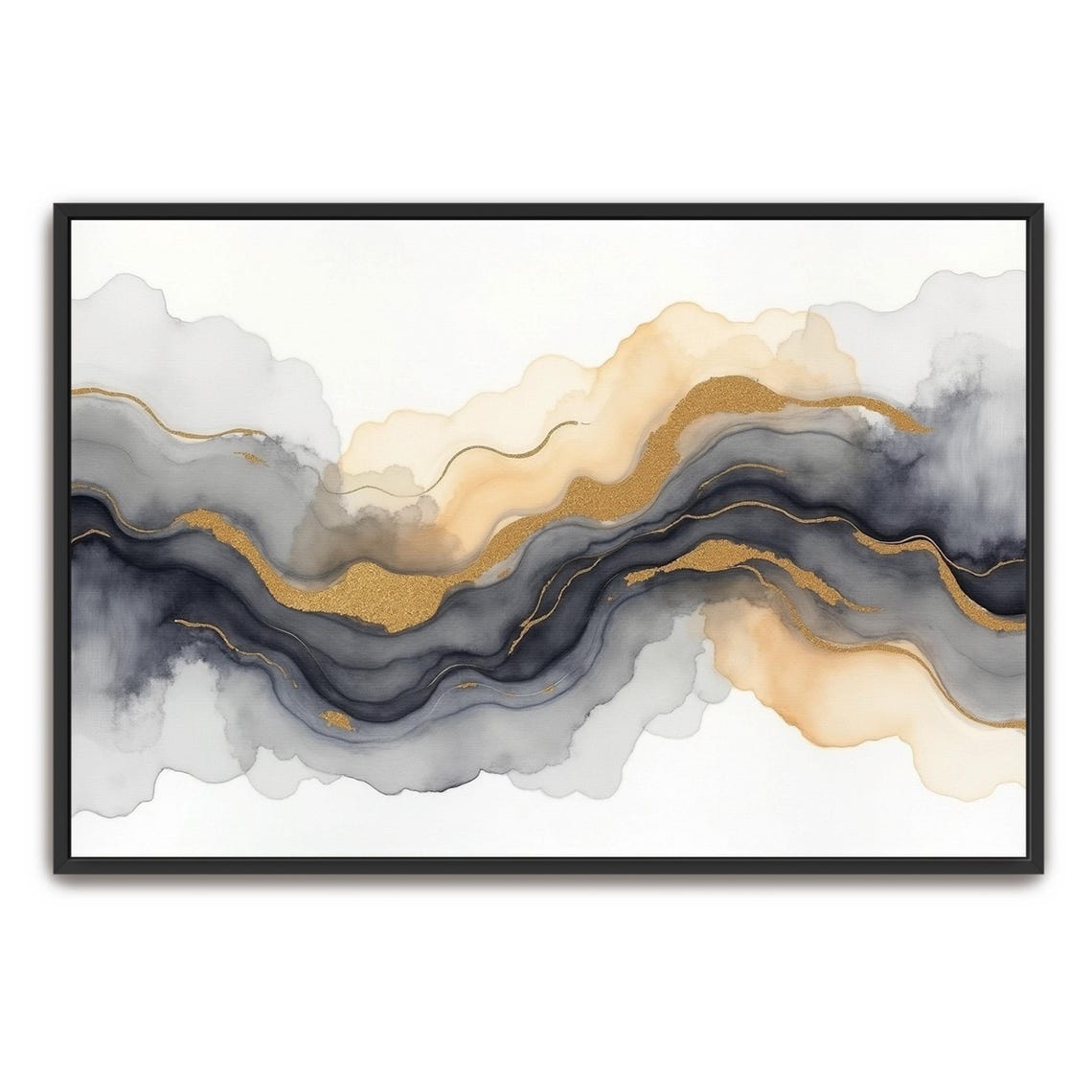 Gold Glitter Ribbon Through Dark Indigo Ink Waves Abstract Art Poster